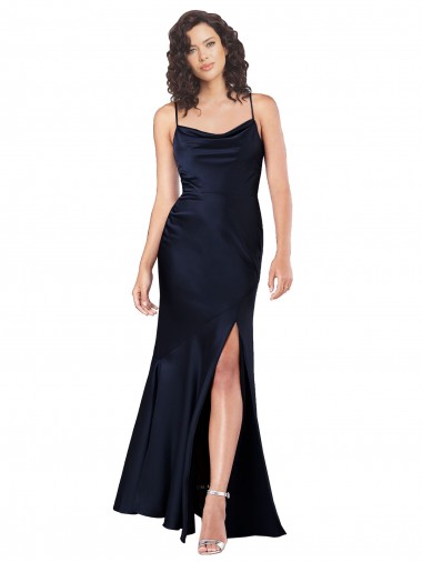Long Silky Satin Dark Navy A-Line Sexy Evening Dress UK Online