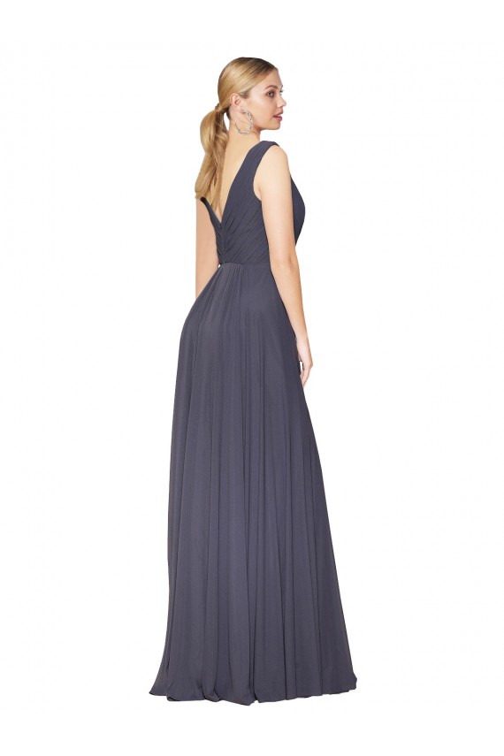 V-Back Long Soft Chiffon Dusty Blue A-Line Wedding Guest Dress UK Online