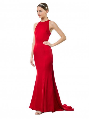 Open Back Long Stretch Crepe Red Mermaid Maxi Evening Dress UK Online