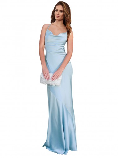 Criss Cross Open Back Long Silky Satin Light Sky Blue Sheath Evening Dress UK Online